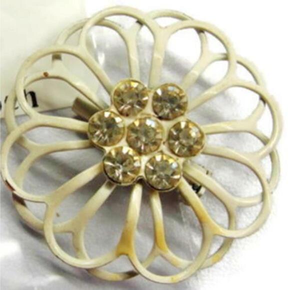 Jewelry - Round Circle Rhinestone Center Enamel Covered Brooch Pin Grey Costume Vintage